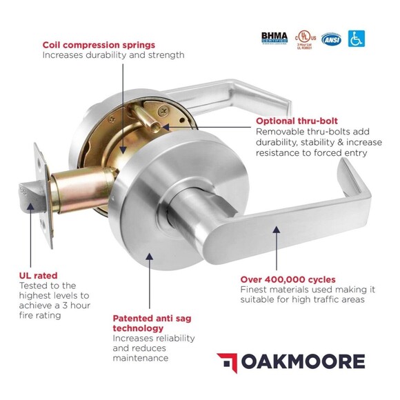OAKMOORE Heavy Duty Commercial Passage Door Lever, Grade 2, Satin Nickel Finish - Picture 5 of 9